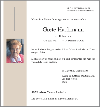 Anzeige von Grete Hackmann von OM-Medien