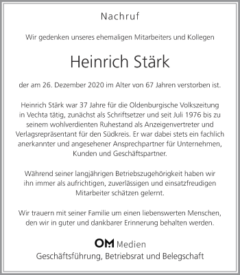 Anzeige von Heinrich Stärk von OM-Medien