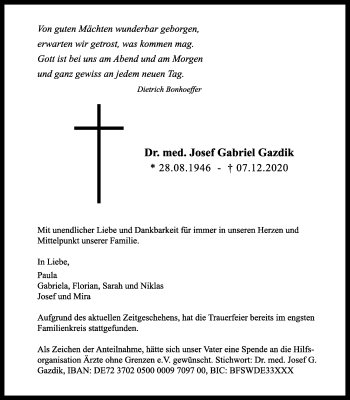 Anzeige von Josef Gabriel Gazdik von OM-Medien