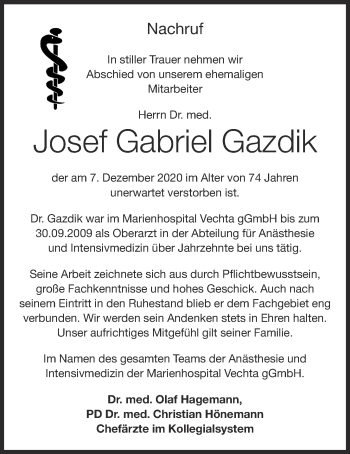 Anzeige von Josef Gabriel Gazdik von OM-Medien