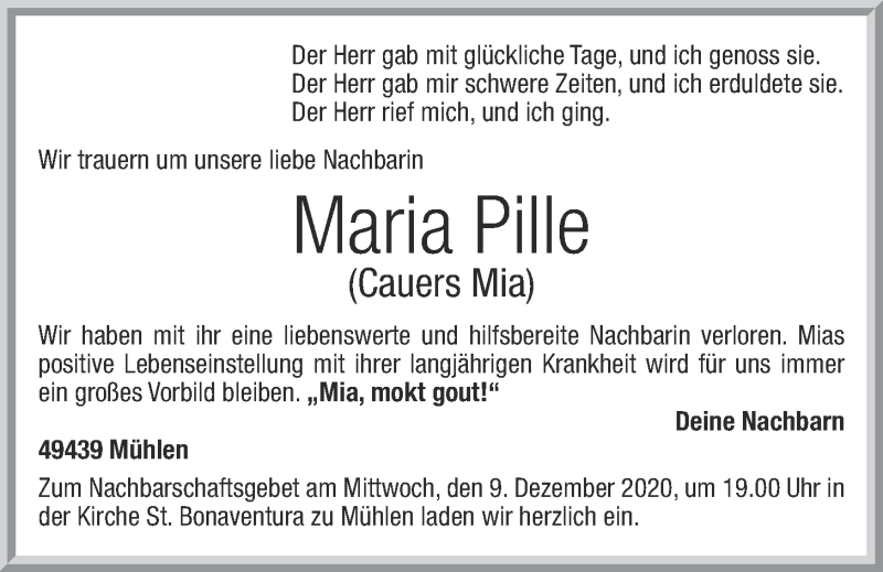  Traueranzeige für Maria Pille vom 08.12.2020 aus OM-Medien
