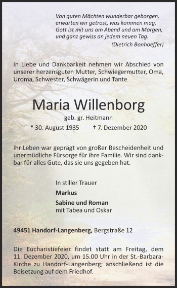 Anzeige von Maria Willenborg von OM-Medien