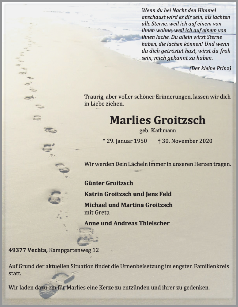  Traueranzeige für Marlies Groitzsch vom 04.12.2020 aus OM-Medien