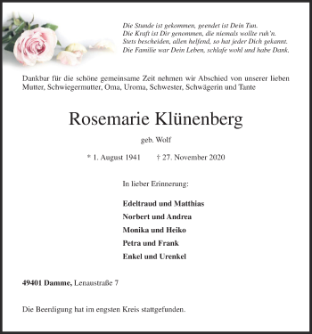 Anzeige von Rosemarie Klünenberg von OM-Medien