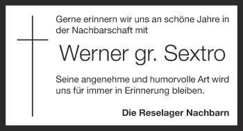 Anzeige von Werner gr. Sextro von OM-Medien