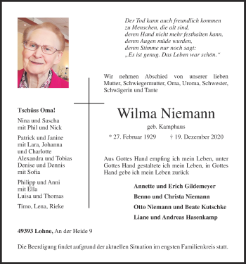 Anzeige von Wilma Niemann von OM-Medien