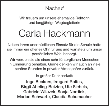 Anzeige von Carla Hackmann von OM-Medien