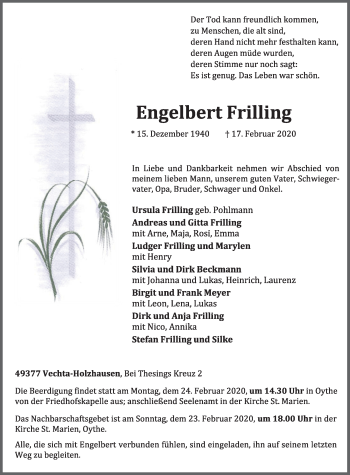 Anzeige von Engelbert Frilling von OM-Medien
