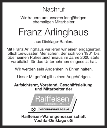 Anzeige von Franz Arlinghaus von OM-Medien