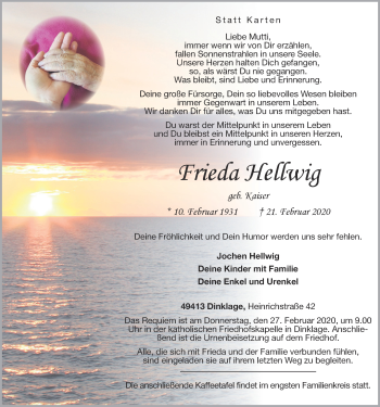 Anzeige von Frieda Hellwig von OM-Medien