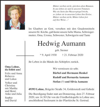 Anzeige von Hedwig Aumann von OM-Medien