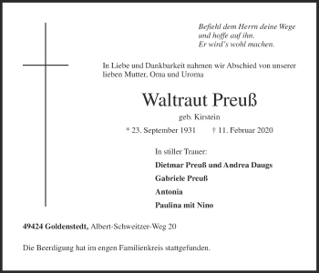 Anzeige von Waltraut Preuß von OM-Medien