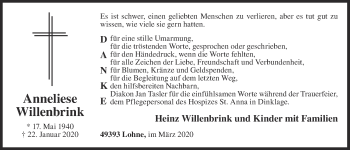 Anzeige von Anneliese Willenbrink von OM-Medien