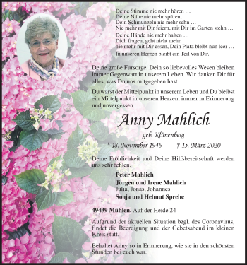 Anzeige von Anny Mahlich von OM-Medien