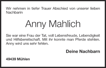 Anzeige von Anny Mahlich von OM-Medien