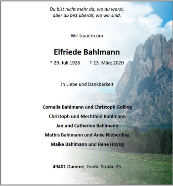Anzeige von Elfriede Bahlmann von OM-Medien