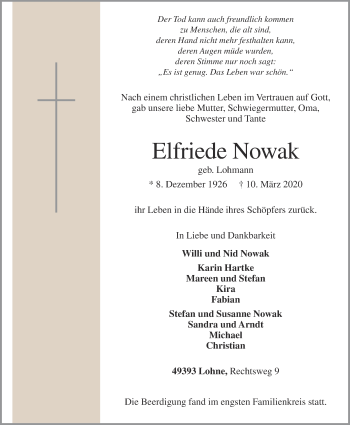 Anzeige von Elfriede Nowak von OM-Medien