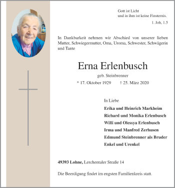 Anzeige von Erna Erlenbusch von OM-Medien