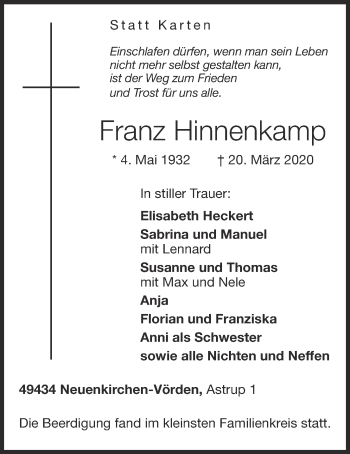 Anzeige von Franz Hinnenkamp von OM-Medien