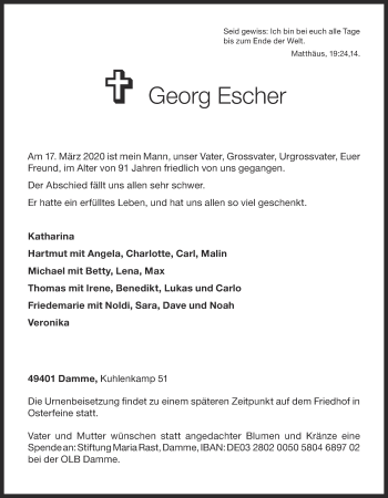Anzeige von Georg Escher von OM-Medien