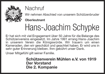 Anzeige von Hans-Joachim Schypke von OM-Medien