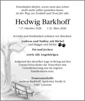 Anzeige von Hedwig Barkhoff von OM-Medien