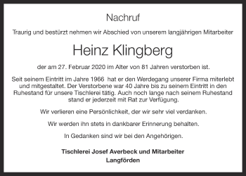 Anzeige von Heinz Klingberg von OM-Medien