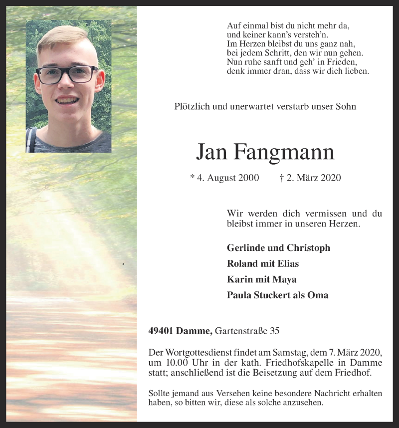  Traueranzeige für Jan Fangmann vom 04.03.2020 aus OM-Medien