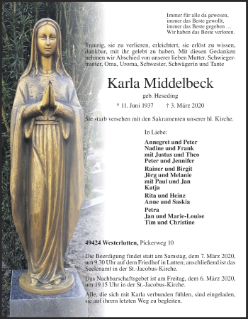 Anzeige von Karla Middelbeck von OM-Medien