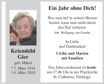 Anzeige von Kriemhild Gier von OM-Medien