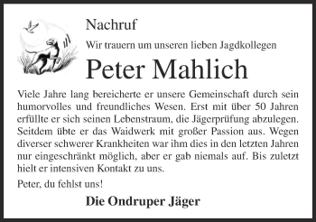 Anzeige von Peter Mahlich von OM-Medien