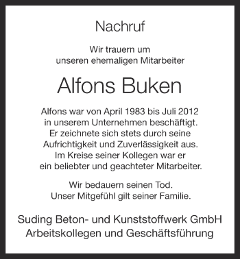 Anzeige von Alfons Buken von OM-Medien