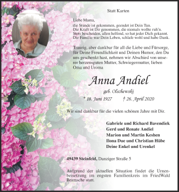 Anzeige von Anna Andiel von OM-Medien