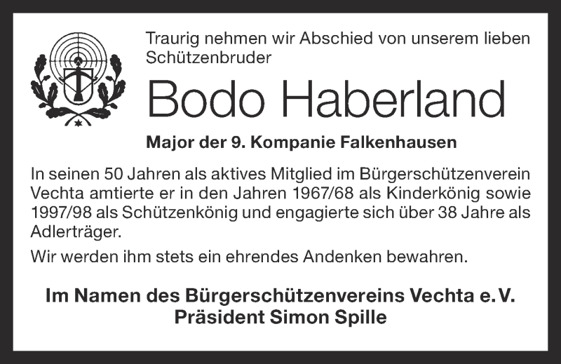  Traueranzeige für Bodo Haberland vom 15.04.2020 aus OM-Medien