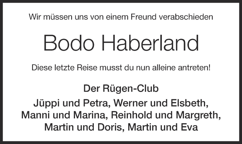  Traueranzeige für Bodo Haberland vom 08.04.2020 aus OM-Medien