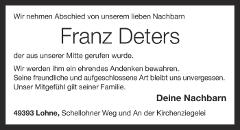 Anzeige von Franz Deters von OM-Medien