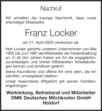 Anzeige von Franz Locker von OM-Medien