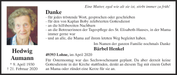Anzeige von Hedwig Aumann von OM-Medien