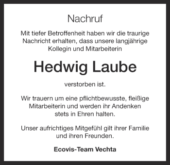 Anzeige von Hedwig Laube von OM-Medien