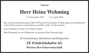 Anzeige von Heinz Wehming von OM-Medien