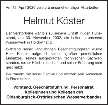 Anzeige von Helmut Köster von OM-Medien