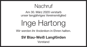 Anzeige von Inge Hartong von OM-Medien