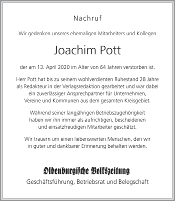 Anzeige von Joachim Pott von OM-Medien