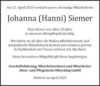 Anzeige von Johanna Siemer von OM-Medien