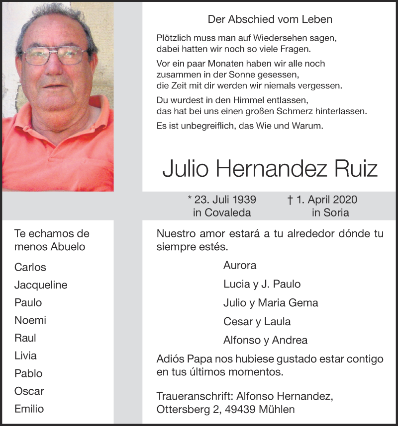  Traueranzeige für Julio Hernandez Ruiz vom 04.04.2020 aus OM-Medien