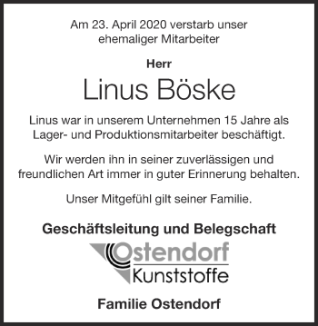 Anzeige von Linus Böske von OM-Medien