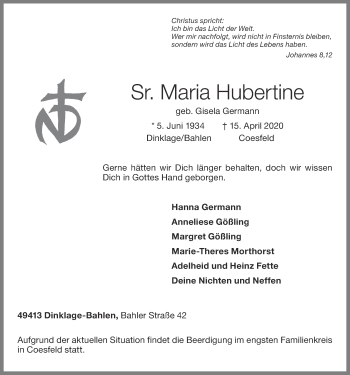 Anzeige von Maria Hubertine von OM-Medien