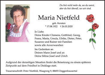 Anzeige von Maria Nietfeld von OM-Medien