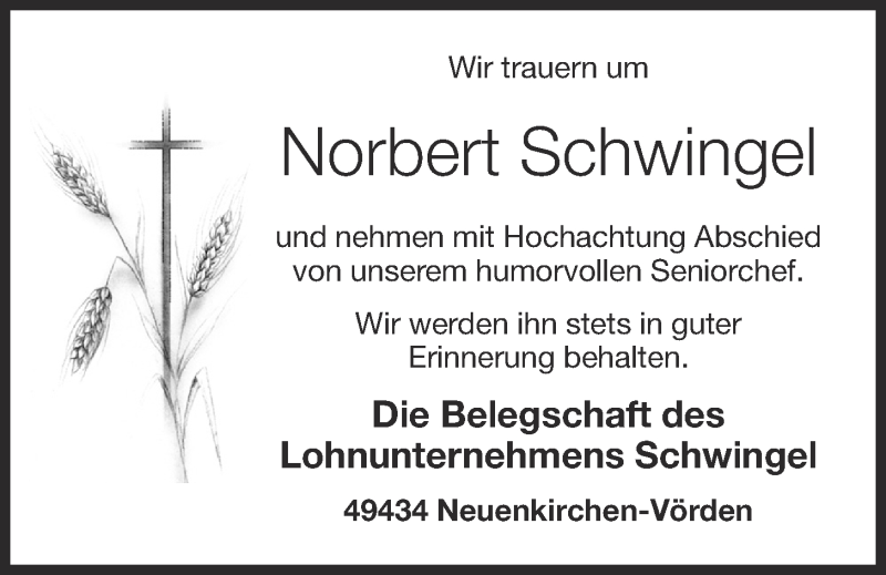  Traueranzeige für Norbert Schwingel vom 24.04.2020 aus OM-Medien