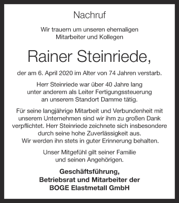 Anzeige von Rainer Steinriede von OM-Medien